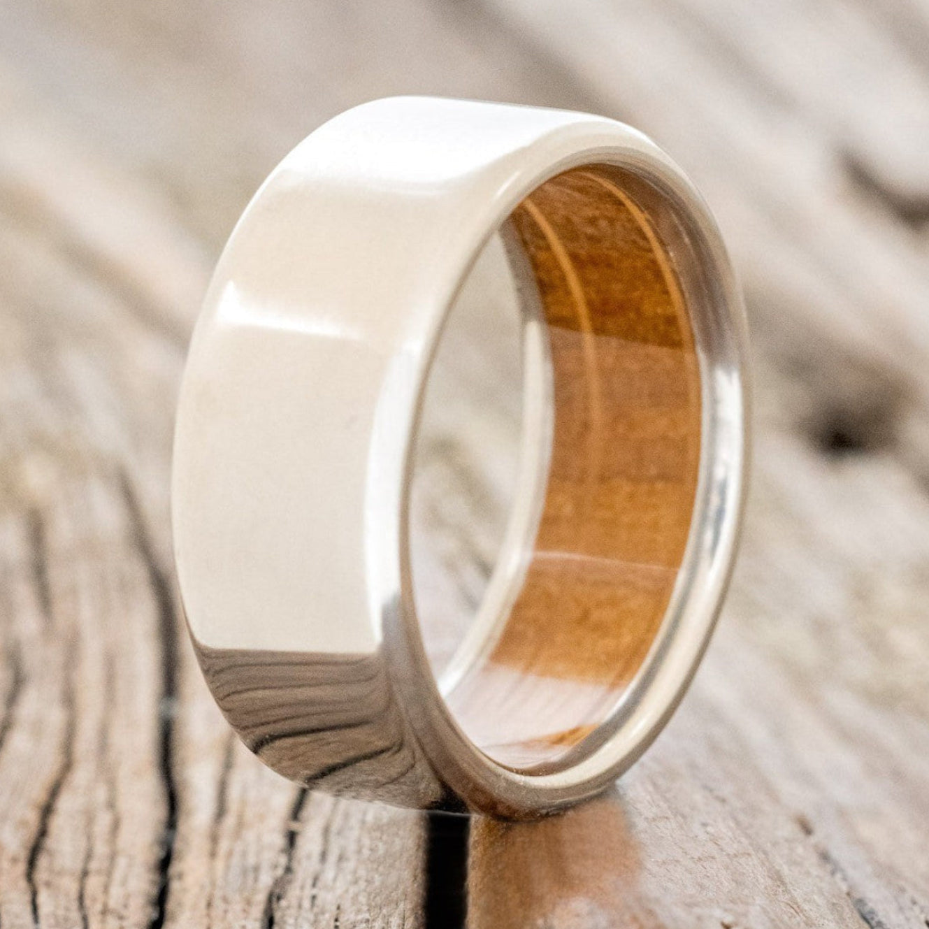 "Hyperion" - Whiskey Barrel Lined Wedding Band With Custom Finish