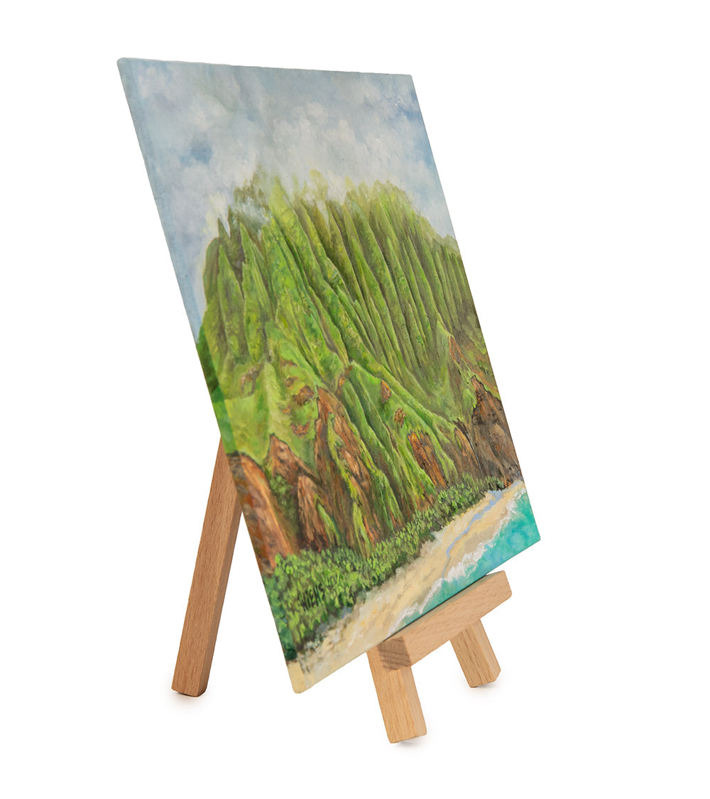 Original Oil Painting "Fluted Mountains of the Napali Coast 1029" with Table-top Easel by Laura Wiens