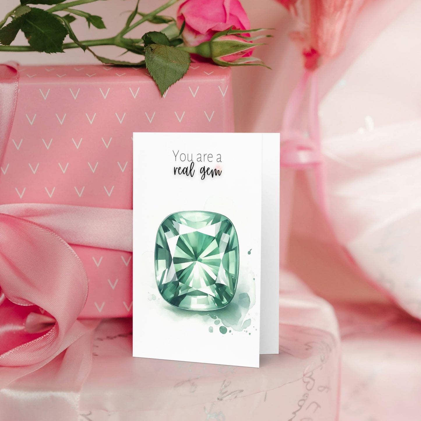 You are a real gem | Watercolor Cushion Green Sapphire Greeting Card