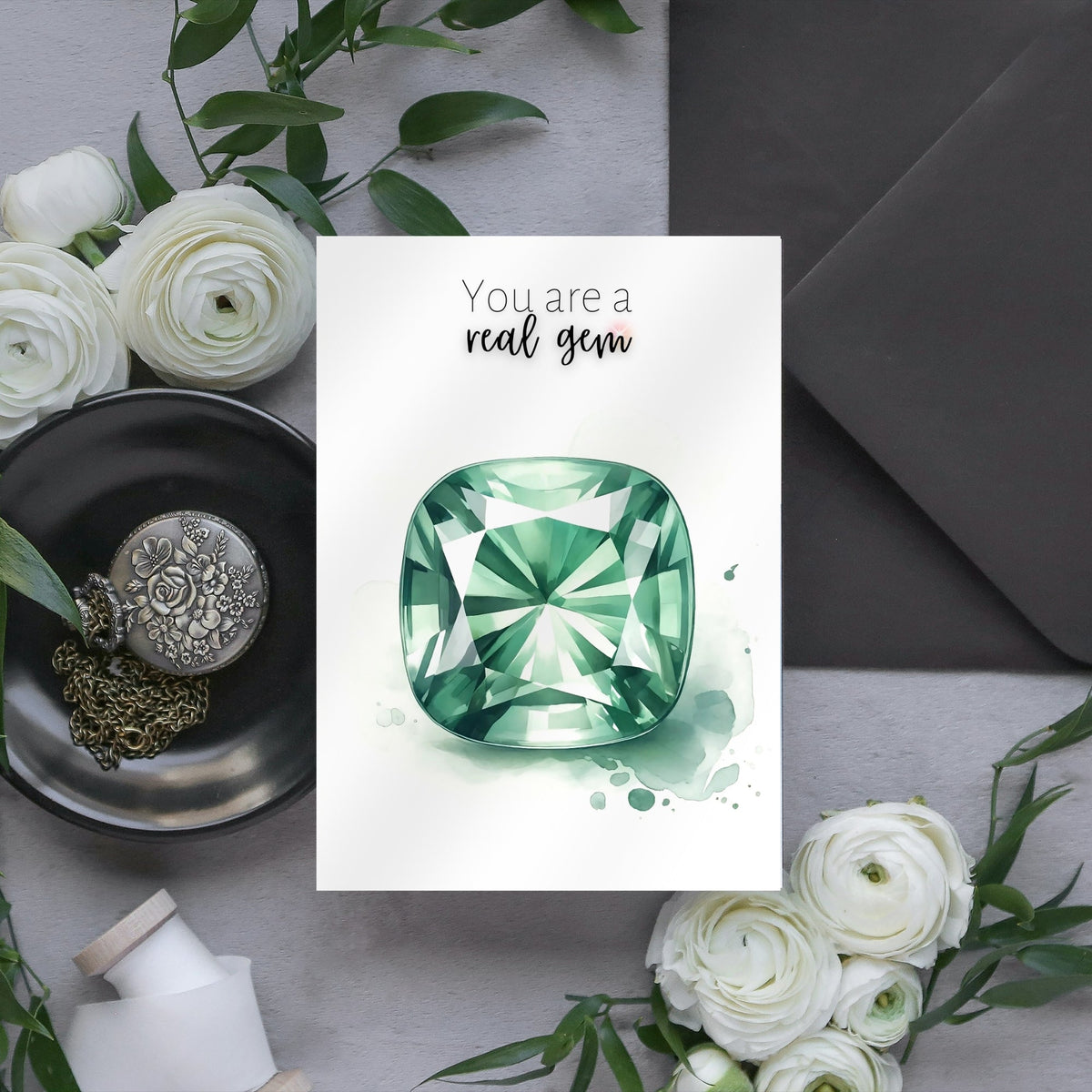 You are a real gem | Watercolor Cushion Green Sapphire Greeting Card