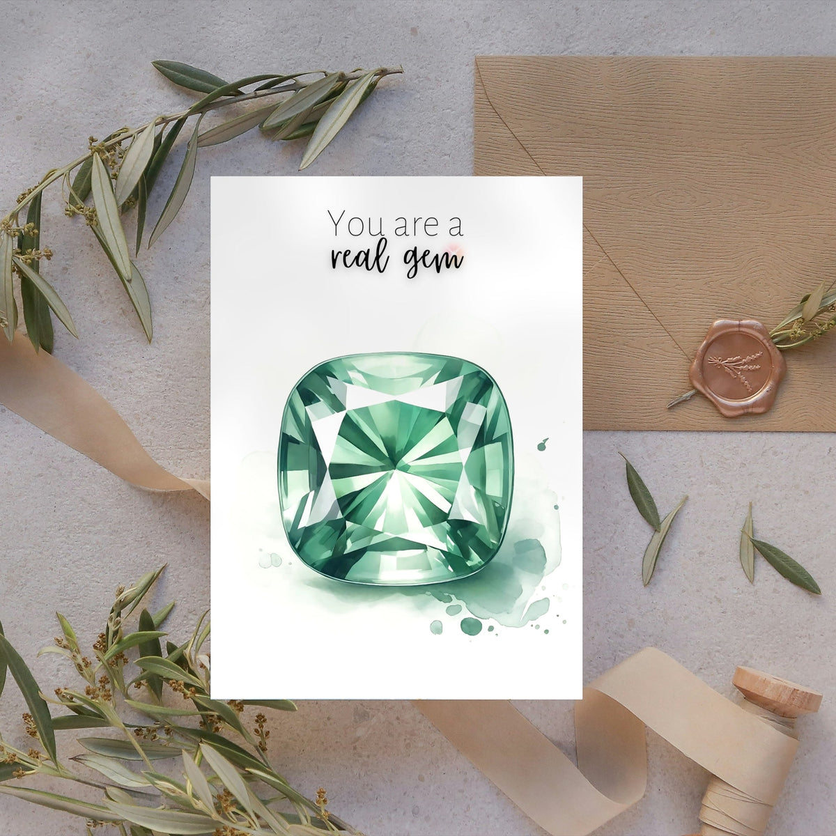 You are a real gem | Watercolor Cushion Green Sapphire Greeting Card