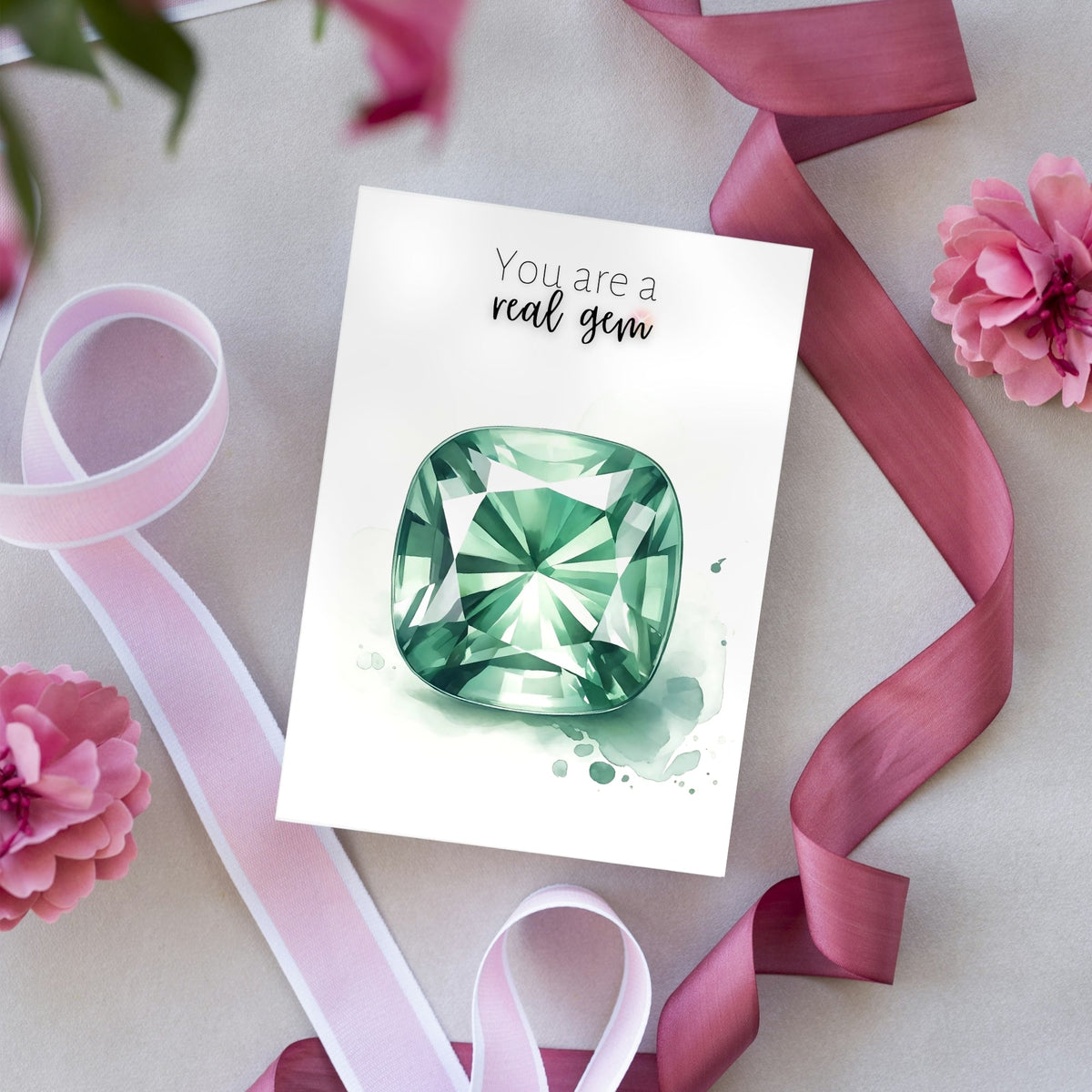 You are a real gem | Watercolor Cushion Green Sapphire Greeting Card