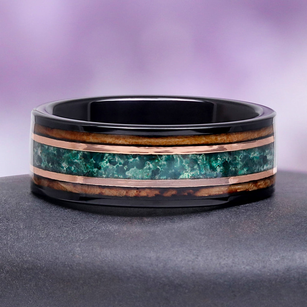 Hexagon Moss Agate & Whiskey Barrel Couples Rings Set