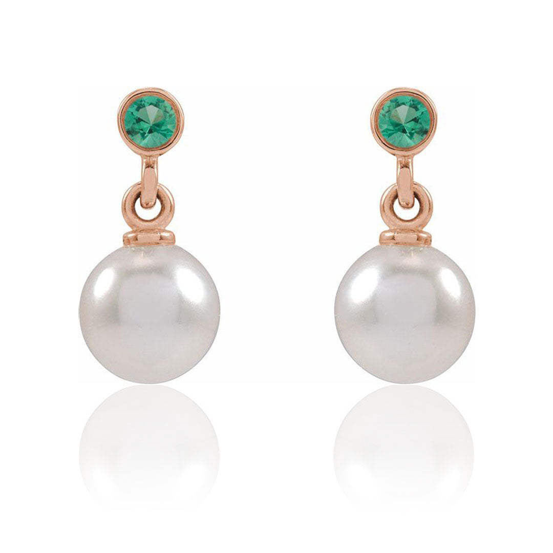 White Akoya Pearl & Bezel Set Emerald Stud Earrings