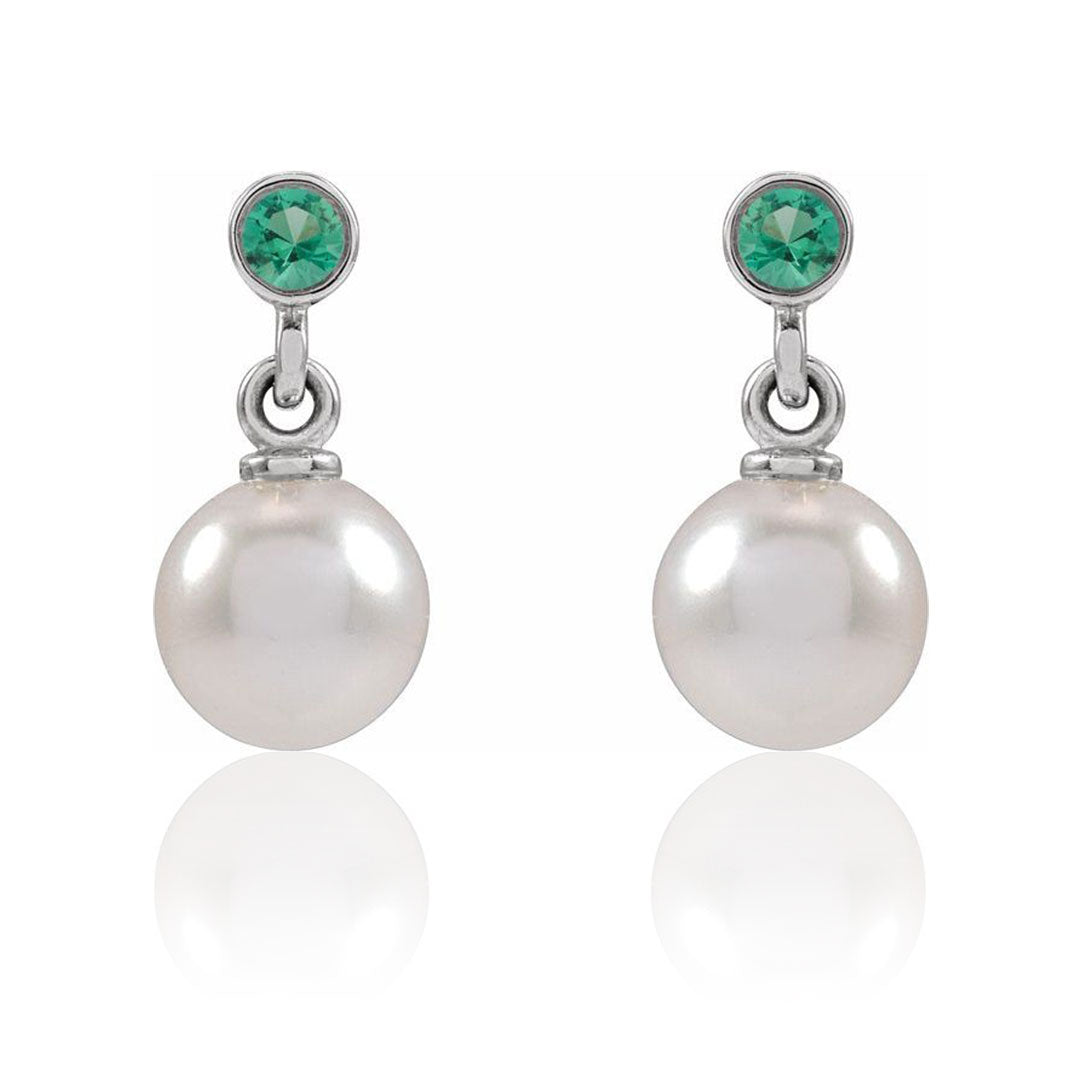 White Akoya Pearl & Bezel Set Emerald Stud Earrings