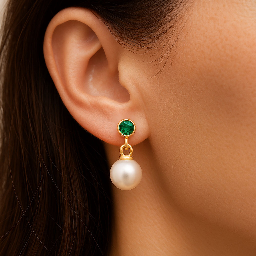 White Akoya Pearl & Bezel Set Emerald Stud Earrings