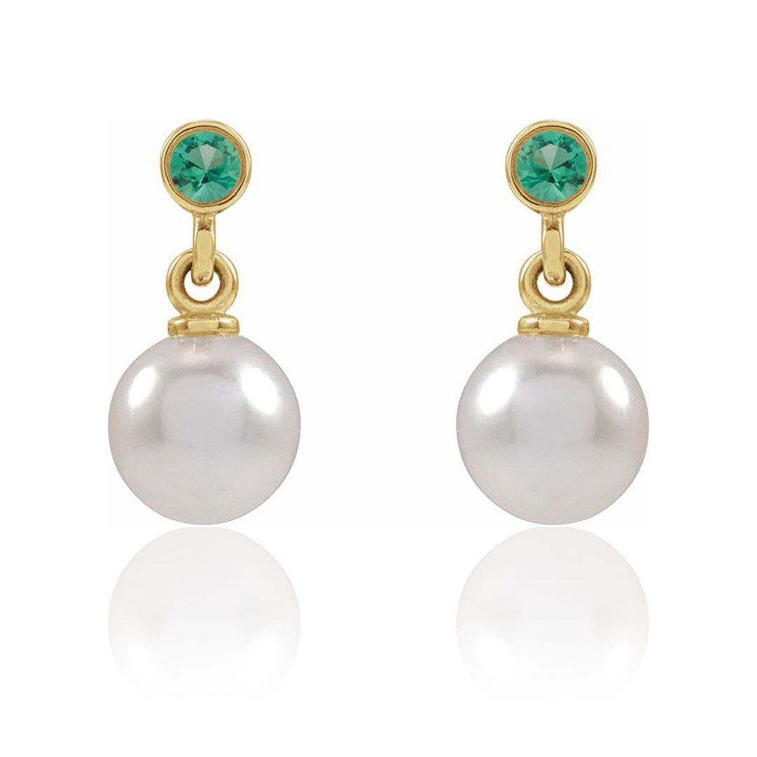 White Akoya Pearl & Bezel Set Emerald Stud Earrings