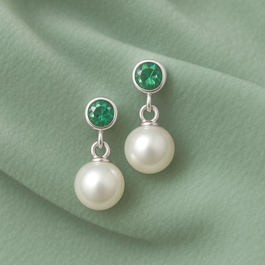White Akoya Pearl & Bezel Set Emerald Stud Earrings