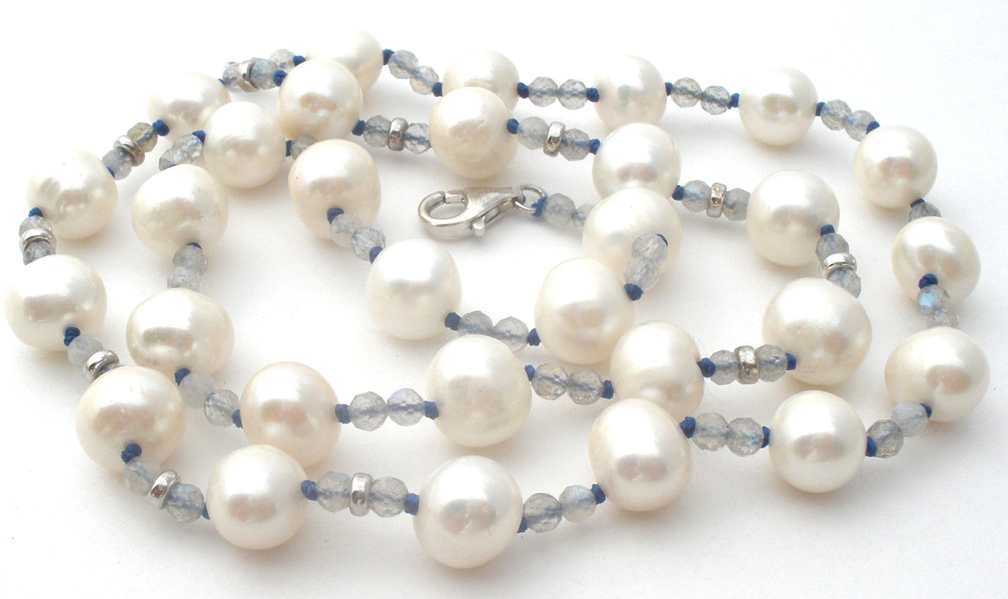 White Pearl Necklace With Blue Crystal Beads