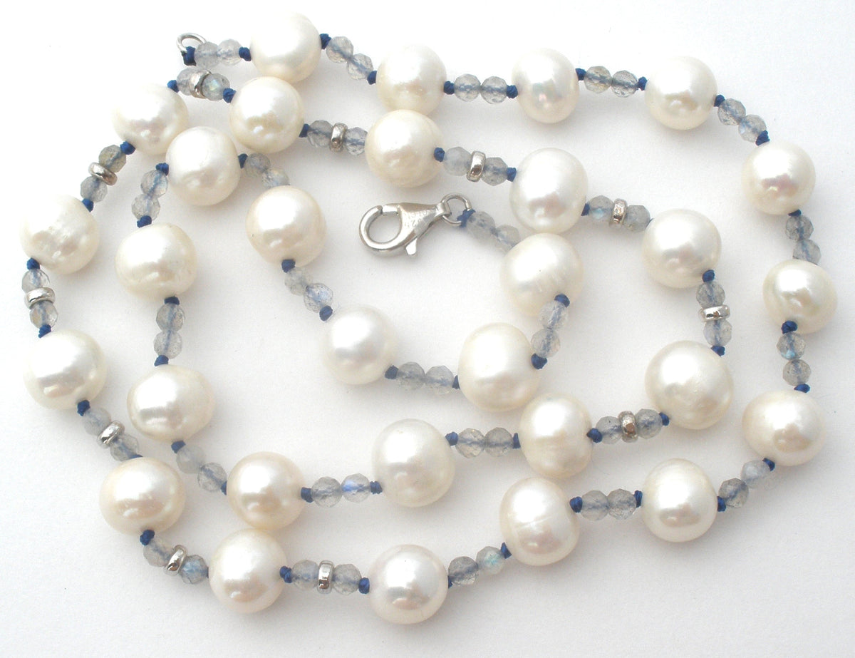 White Pearl Necklace With Blue Crystal Beads