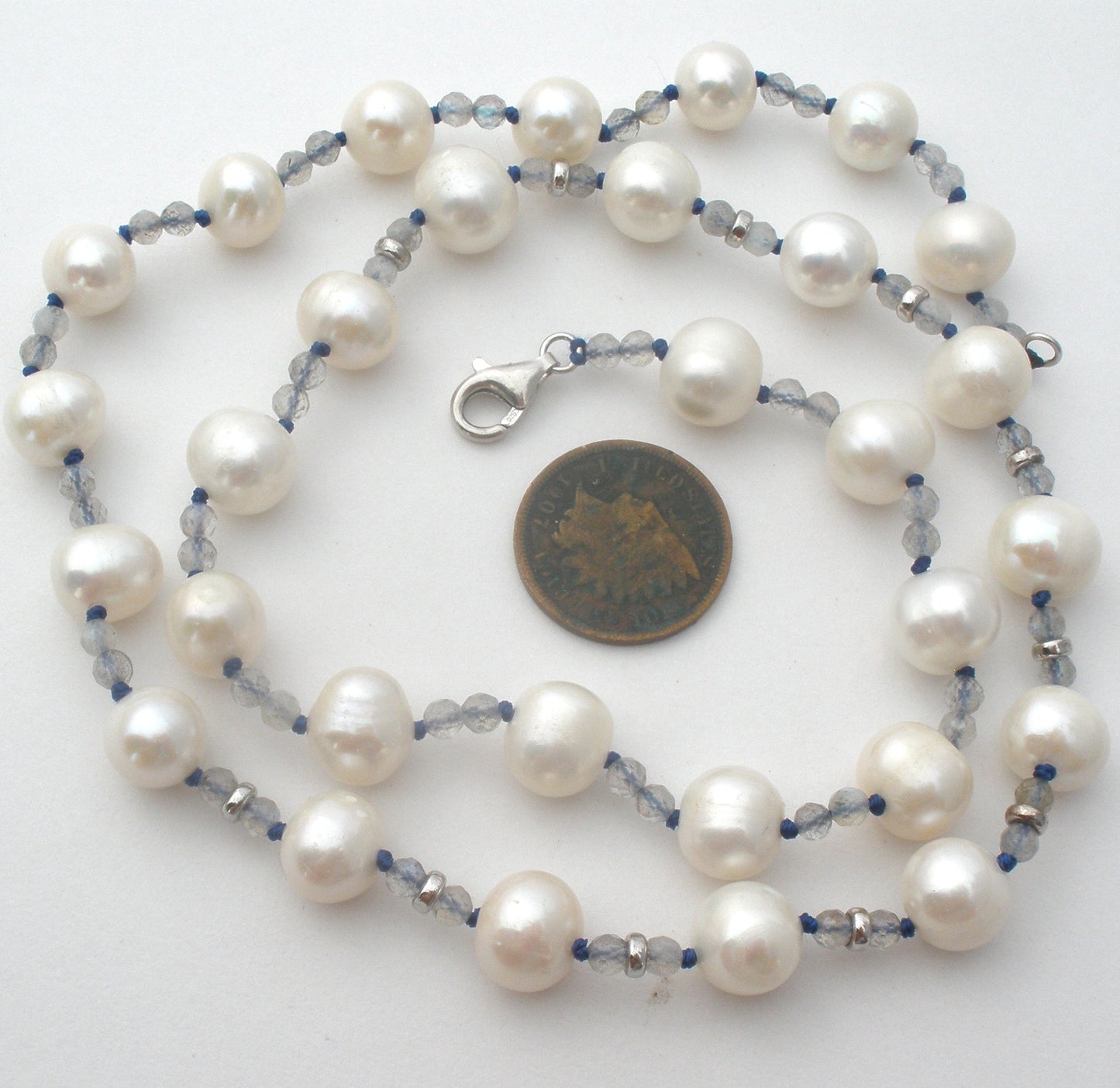 White Pearl Necklace With Blue Crystal Beads