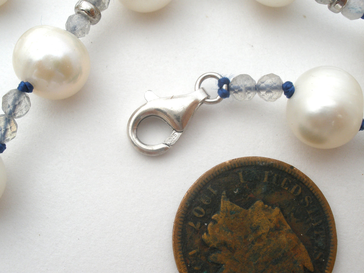 White Pearl Necklace With Blue Crystal Beads