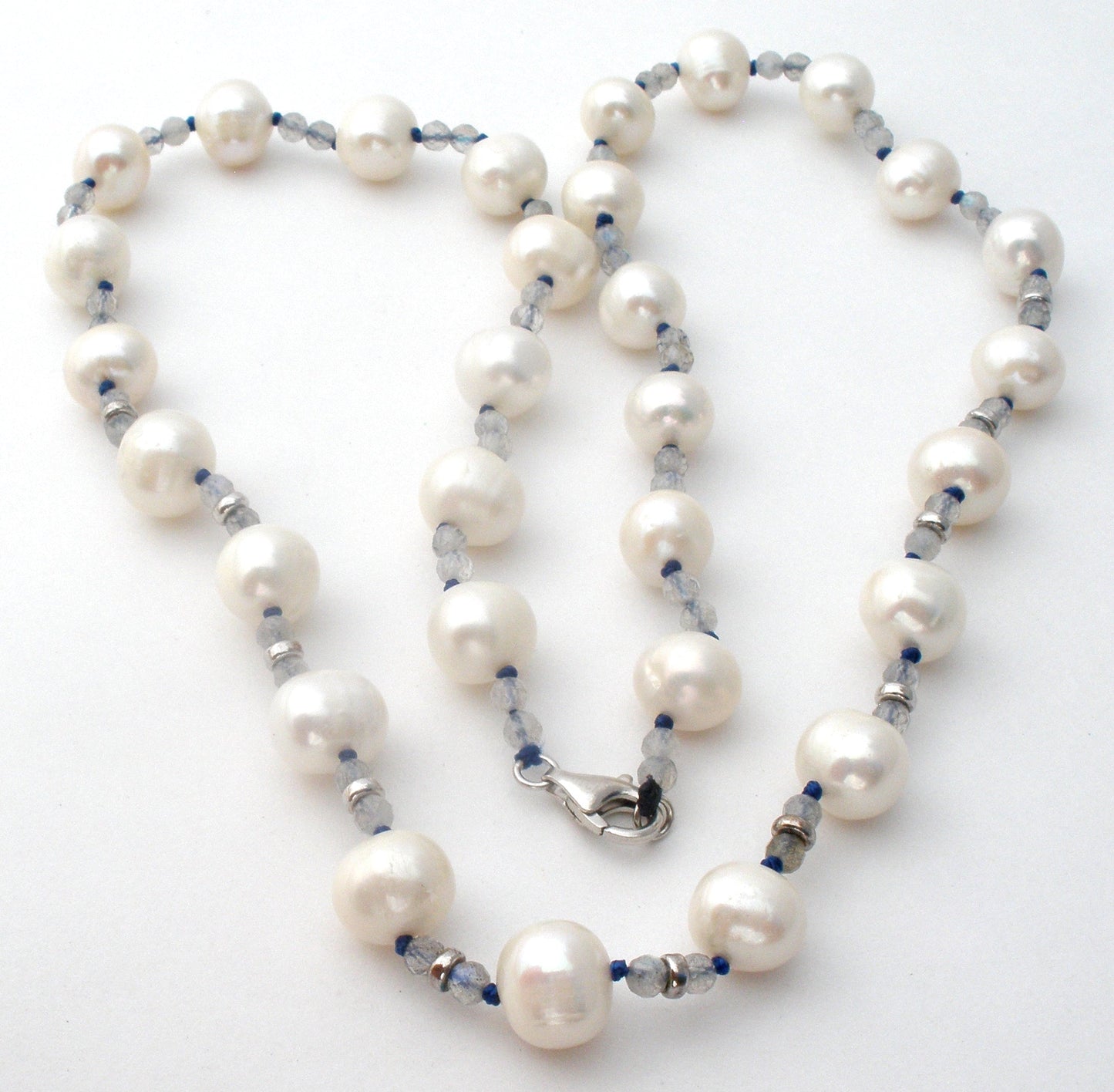 White Pearl Necklace With Blue Crystal Beads