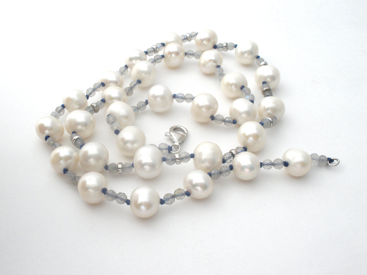 White Pearl Necklace With Blue Crystal Beads