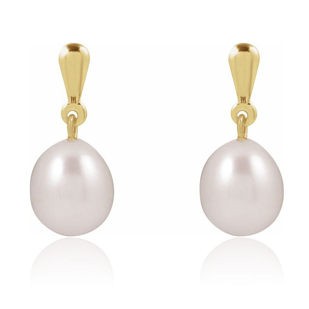 White Freshwater Pearl Gold Drop Stud Earrings