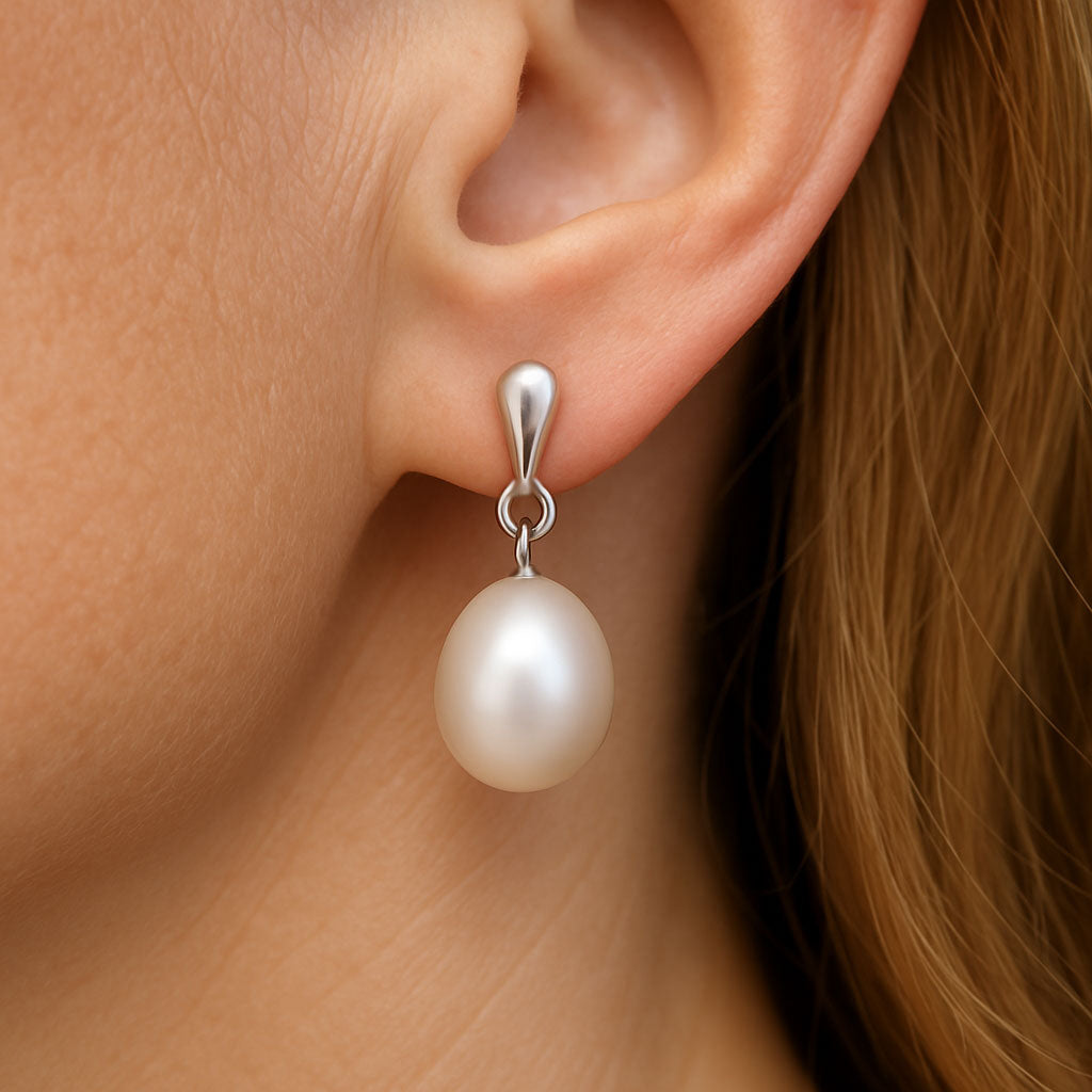 White Freshwater Pearl Gold Drop Stud Earrings