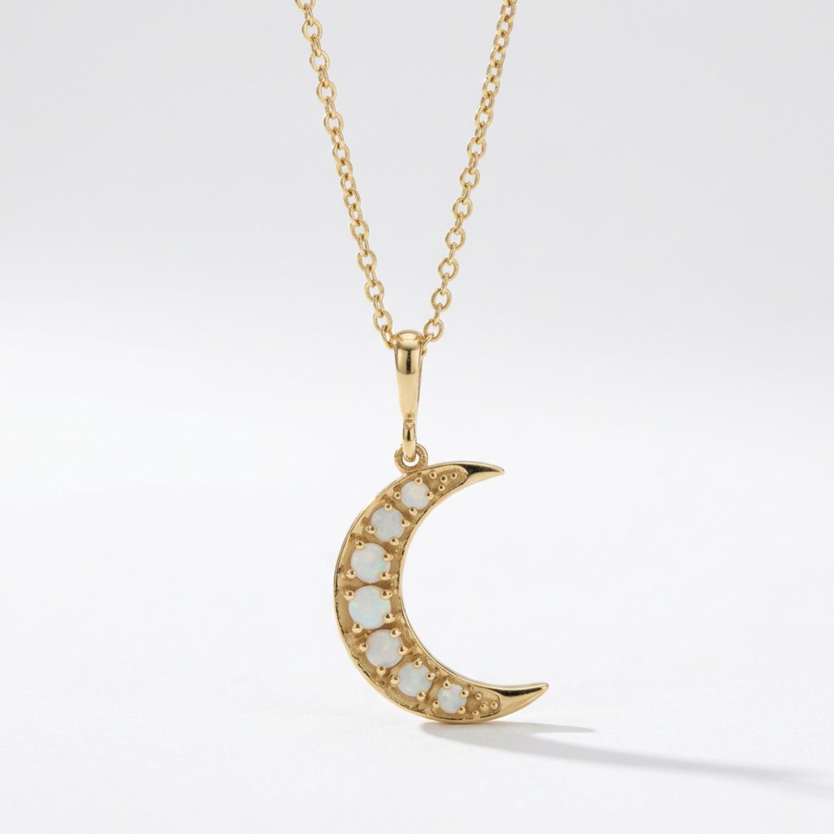 The Crescent Moon Necklace | Natural White Opal | 14K Yellow Gold