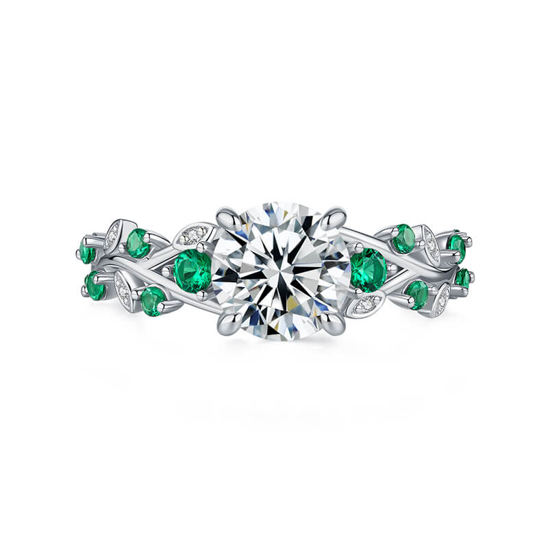 Willow Leaf & Vine Moissanite with Emerald Accents Engagement Ring