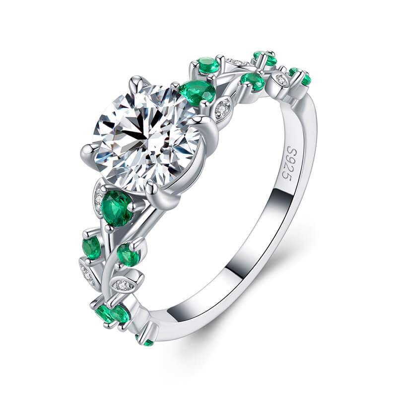 Willow Leaf & Vine Moissanite with Emerald Accents Engagement Ring