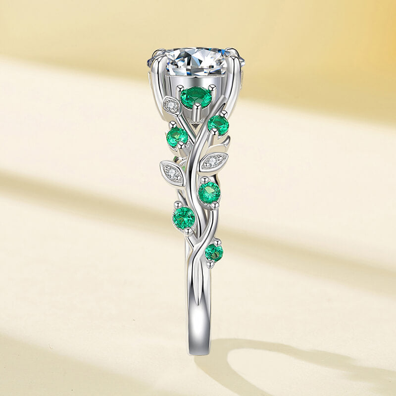 Willow Leaf & Vine Moissanite with Emerald Accents Engagement Ring