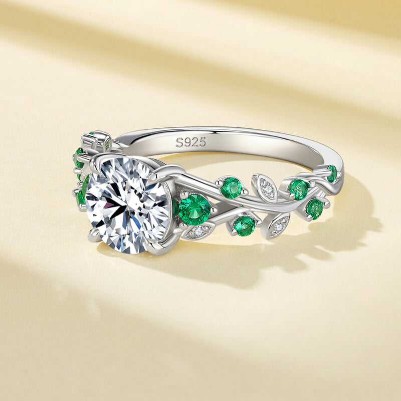 Willow Leaf & Vine Moissanite with Emerald Accents Engagement Ring