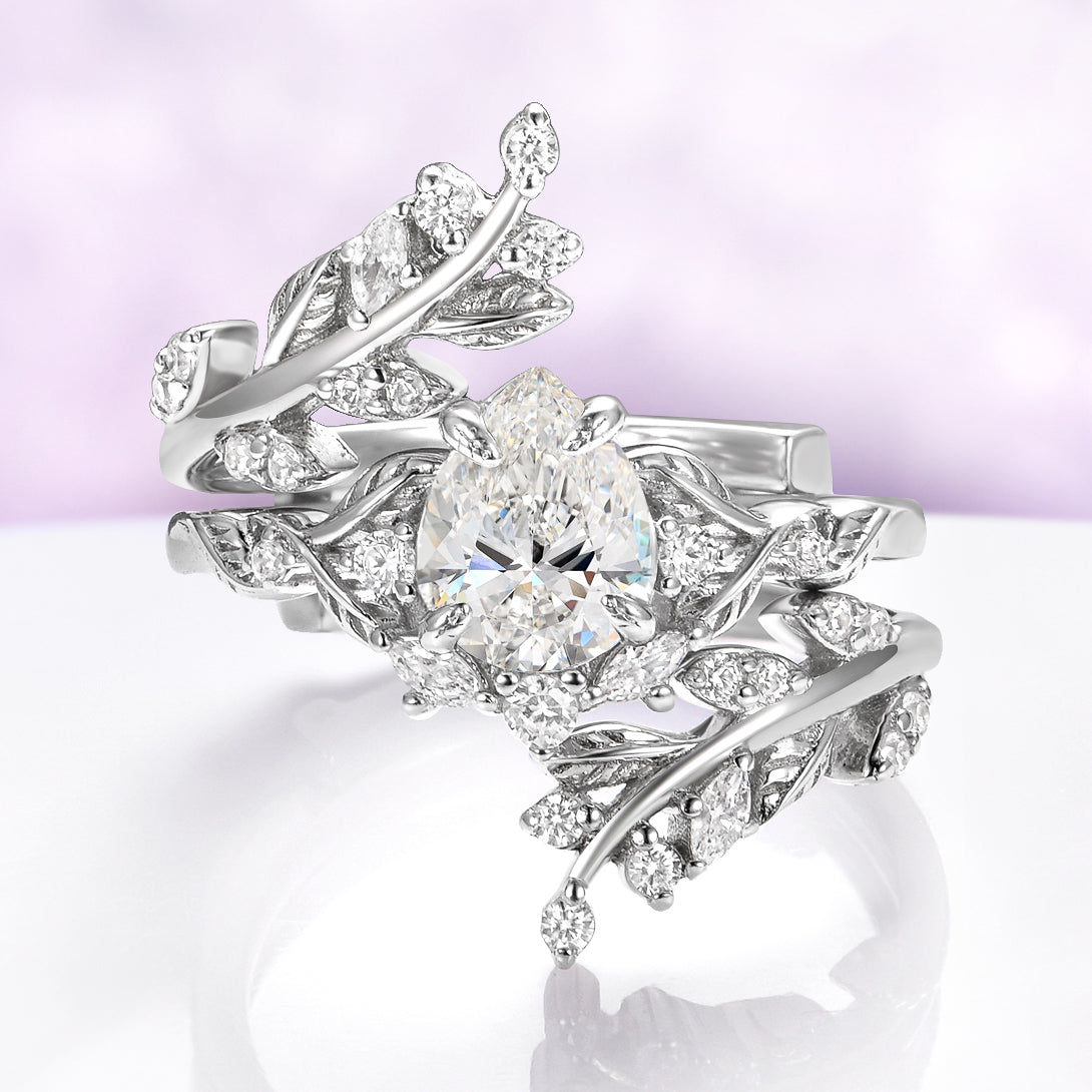 Wisteria Leaf Moissanite Engagement Ring Set in 14K White Gold