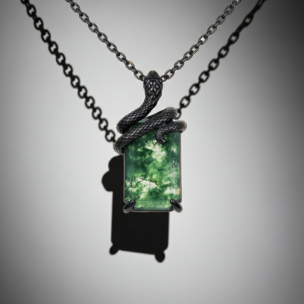 Emerald Cut Moss Agate Mystical Serpent Carved Black Gold Gothic Necklace For Girlfriend - "Cloak"