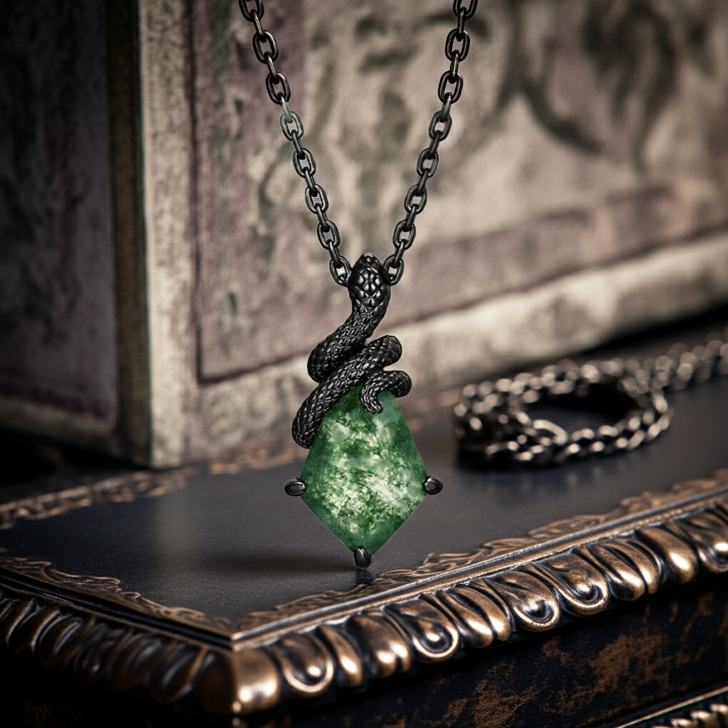 Kite Cut Moss Agate Mystical Serpent Carved Black Gold Gothic Necklace For Her- "Cloak"