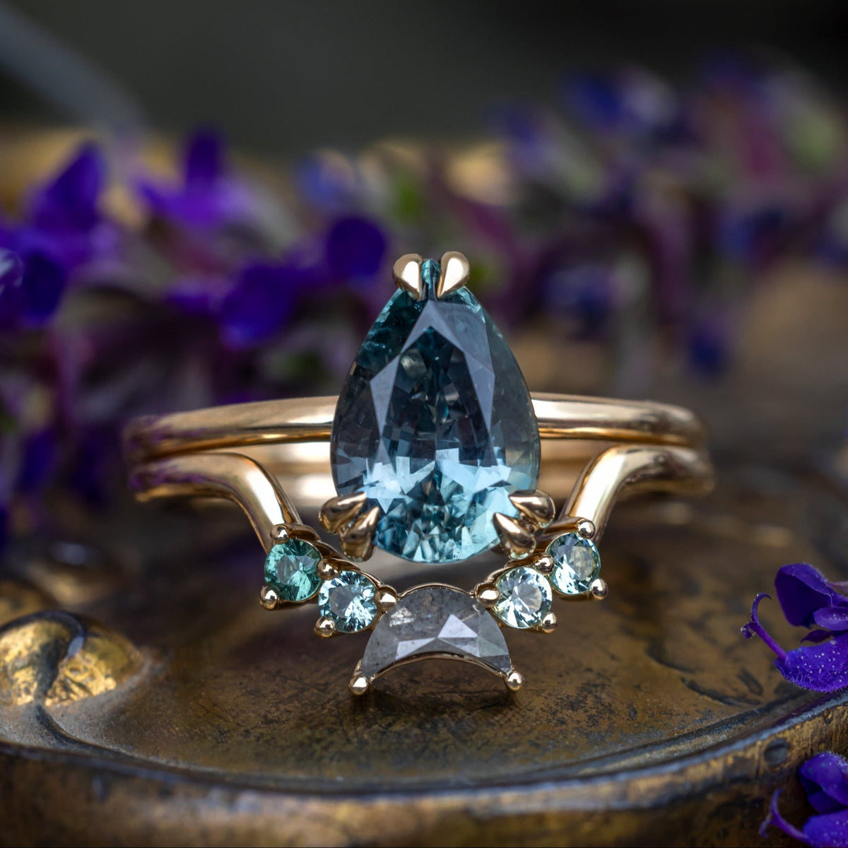 One-Of-A-Kind - "Andromeda" - Solitaire Pear Cut Montana Sapphire Engagement Ring With Tourmaline and Salt & Pepper Diamond Tracer