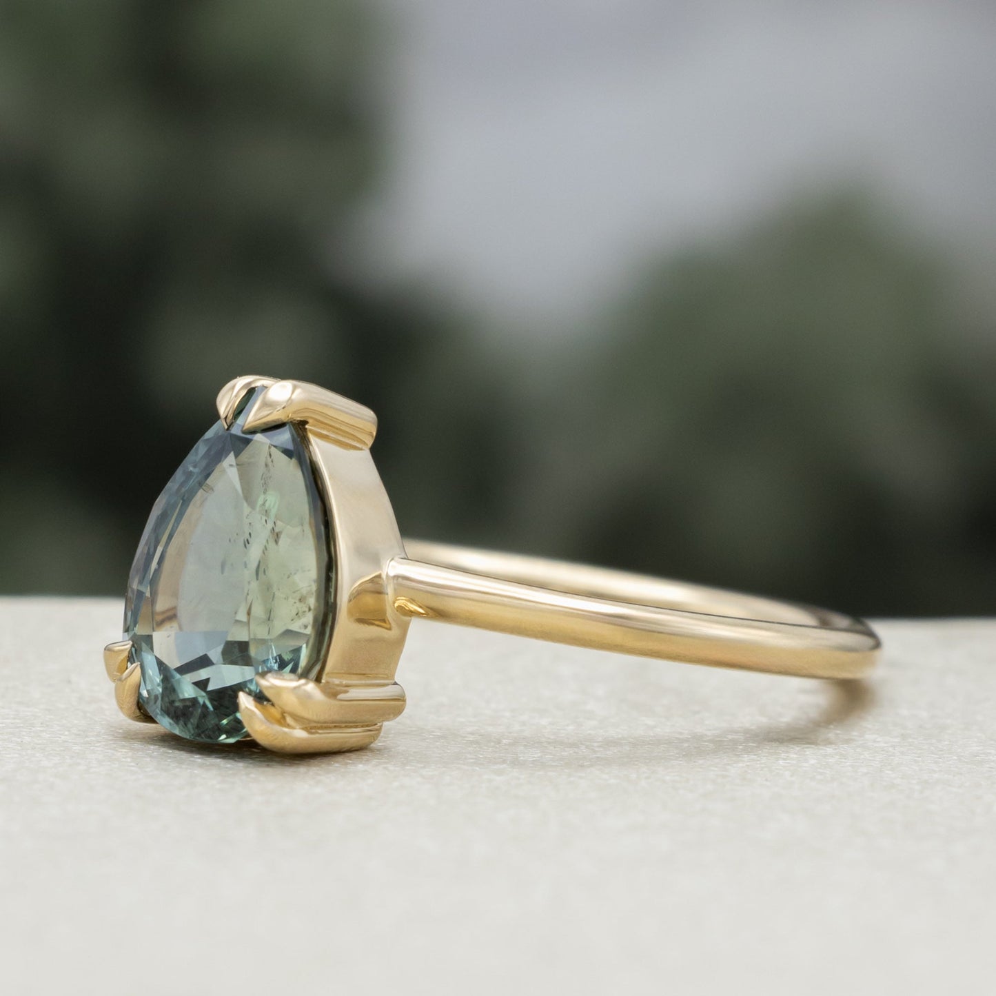 One-Of-A-Kind - "Andromeda" - Solitaire Pear Cut Montana Sapphire Engagement Ring With Tourmaline and Salt & Pepper Diamond Tracer