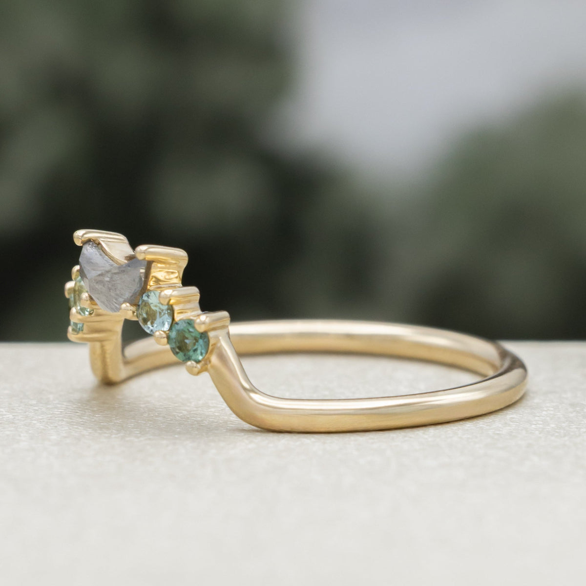One-Of-A-Kind - "Andromeda" - Solitaire Pear Cut Montana Sapphire Engagement Ring With Tourmaline and Salt & Pepper Diamond Tracer
