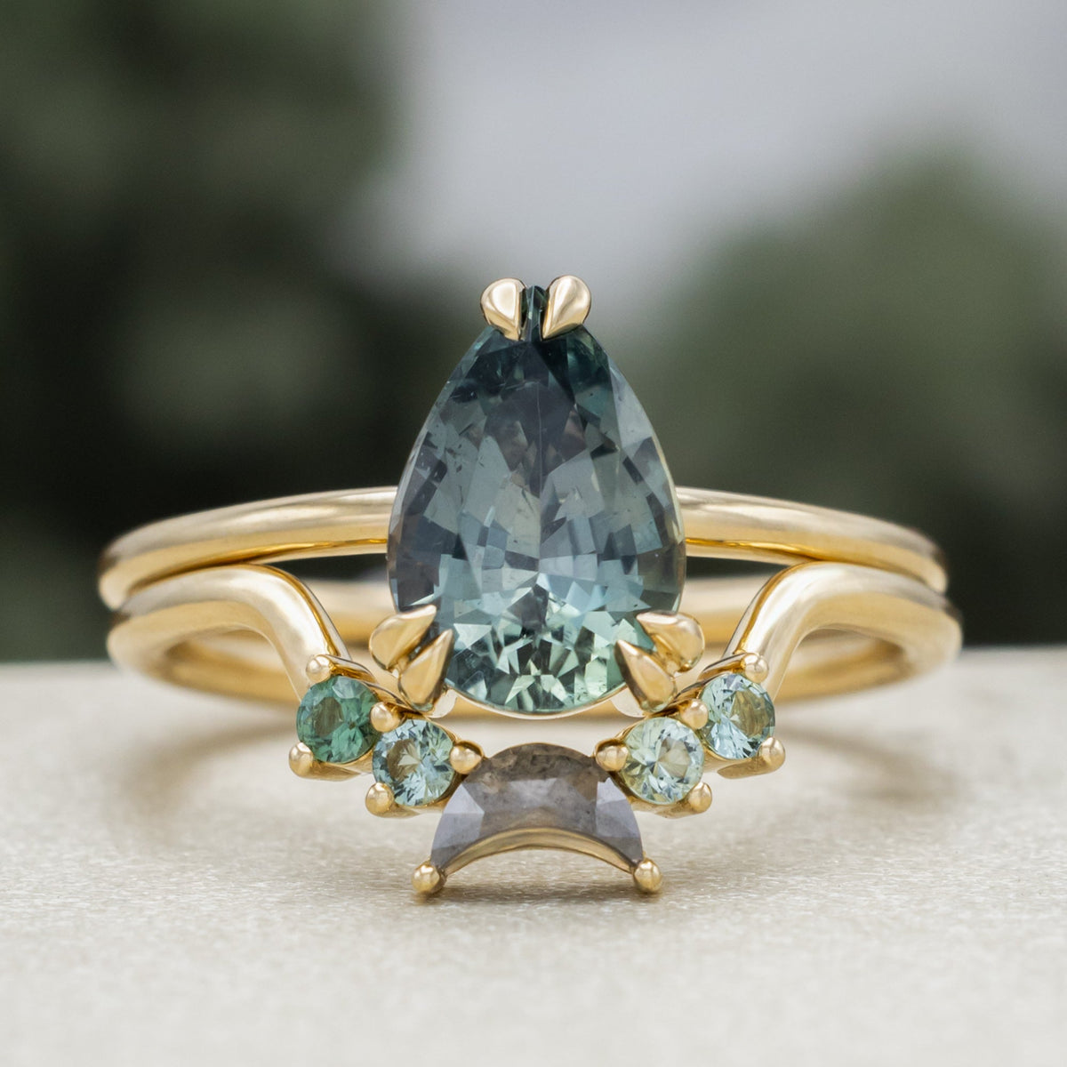 One-Of-A-Kind - "Andromeda" - Solitaire Pear Cut Montana Sapphire Engagement Ring With Tourmaline and Salt & Pepper Diamond Tracer