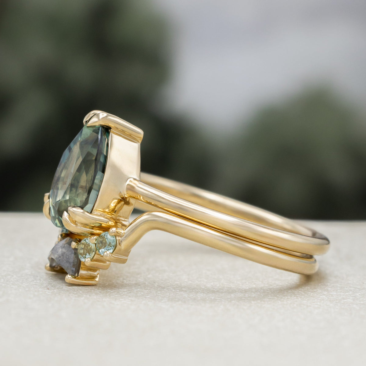 One-Of-A-Kind - "Andromeda" - Solitaire Pear Cut Montana Sapphire Engagement Ring With Tourmaline and Salt & Pepper Diamond Tracer