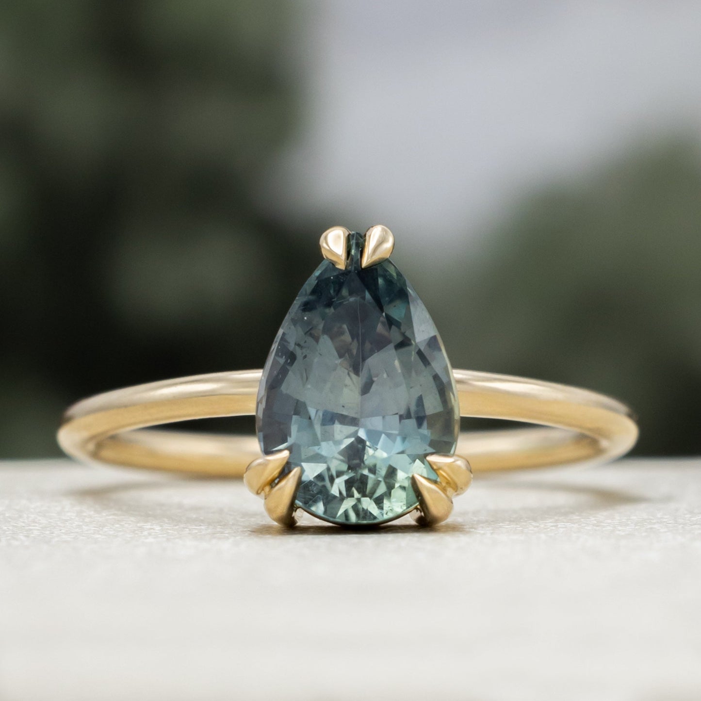 One-Of-A-Kind - "Andromeda" - Solitaire Pear Cut Montana Sapphire Engagement Ring With Tourmaline and Salt & Pepper Diamond Tracer