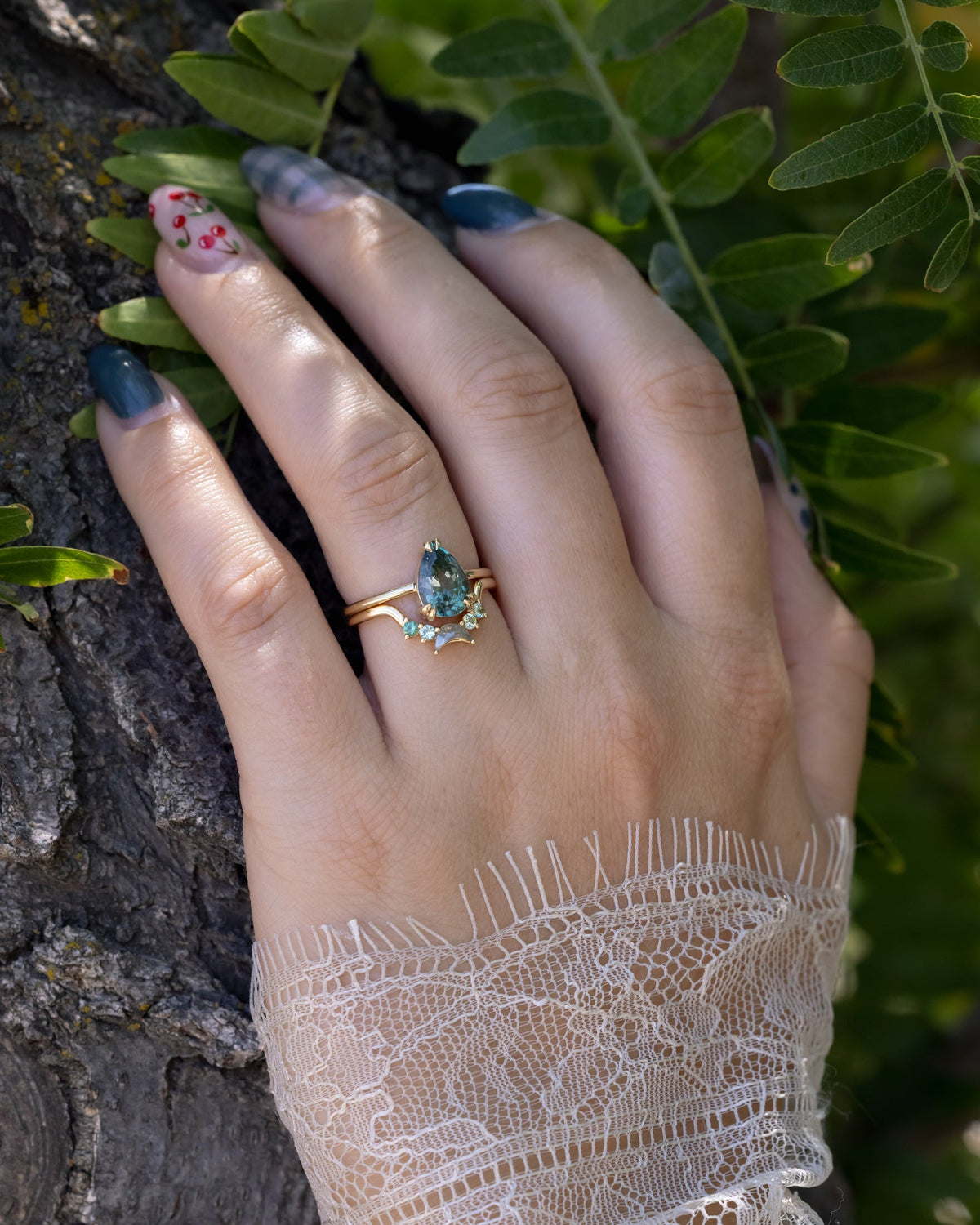 One-Of-A-Kind - "Andromeda" - Solitaire Pear Cut Montana Sapphire Engagement Ring With Tourmaline and Salt & Pepper Diamond Tracer