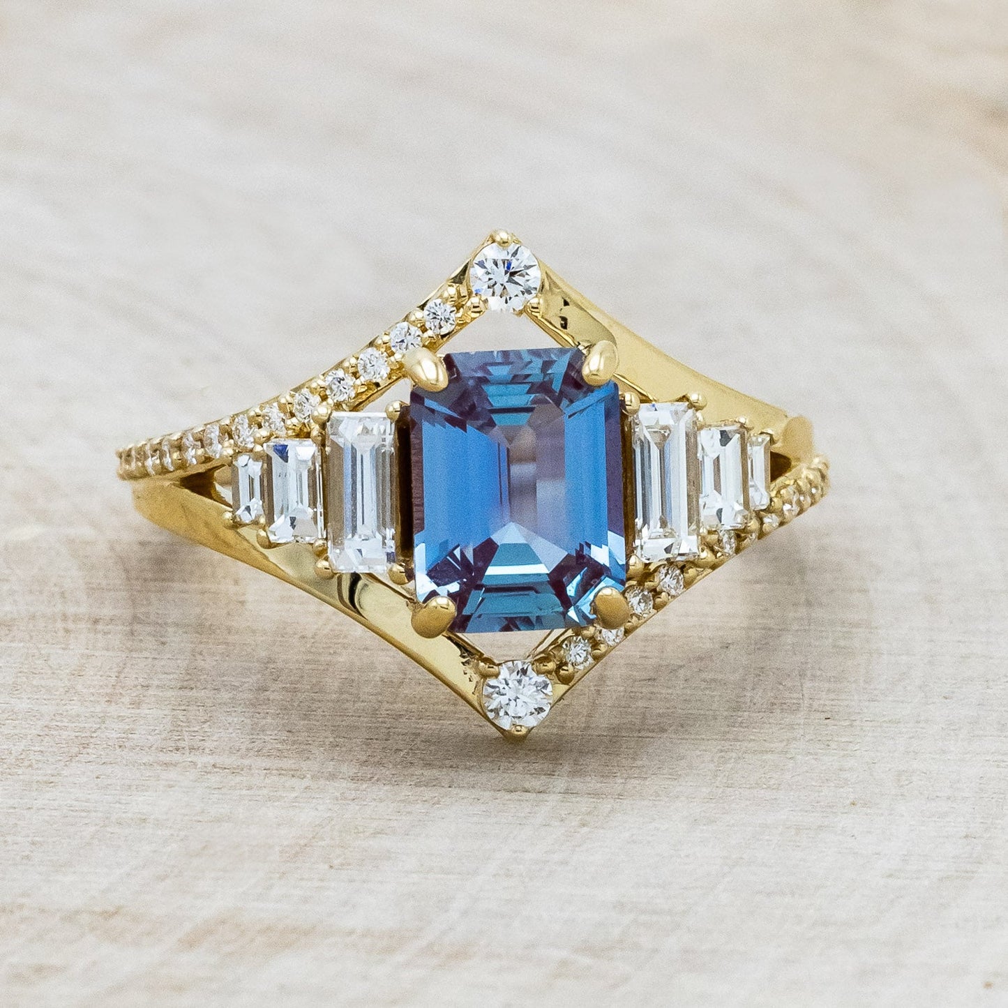"Athena" - Emerald Cut Lab-Grown Alexandrite Engagement Ring With Diamond Accents