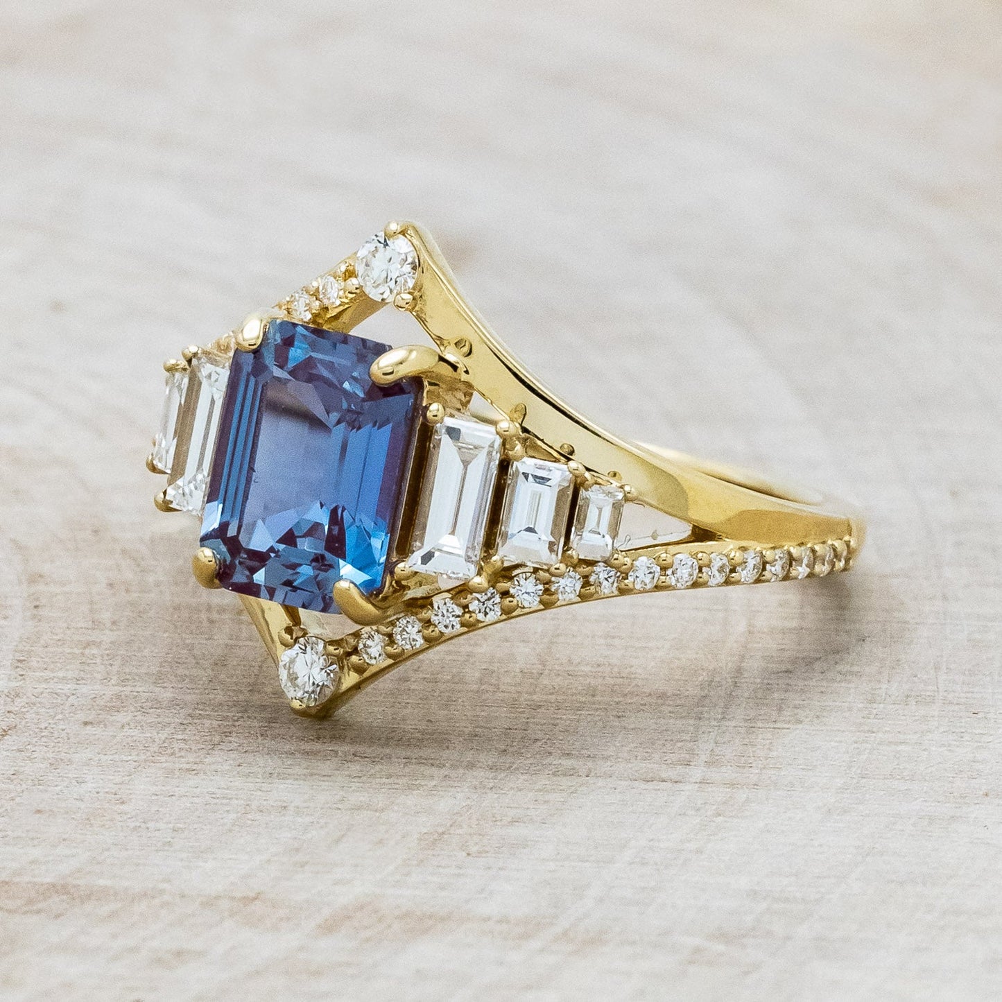 "Athena" - Emerald Cut Lab-Grown Alexandrite Engagement Ring With Diamond Accents