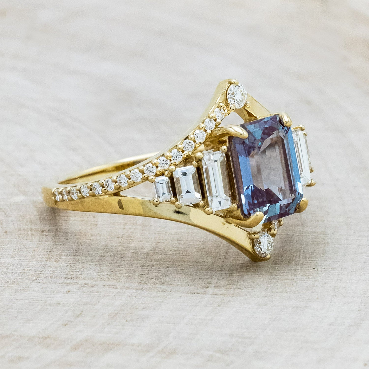 "Athena" - Emerald Cut Lab-Grown Alexandrite Engagement Ring With Diamond Accents