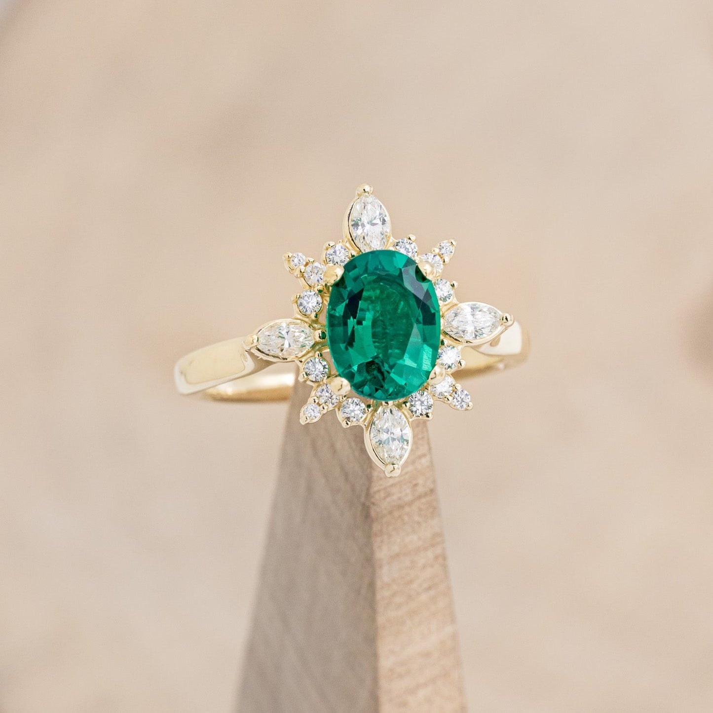 "Azalea" - Oval Lab-Grown Emerald Engagement Ring With Diamond Halo