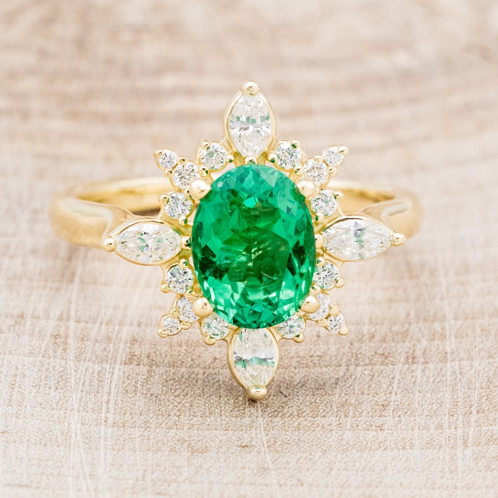 "Azalea" - Oval Lab-Grown Emerald Engagement Ring With Diamond Halo