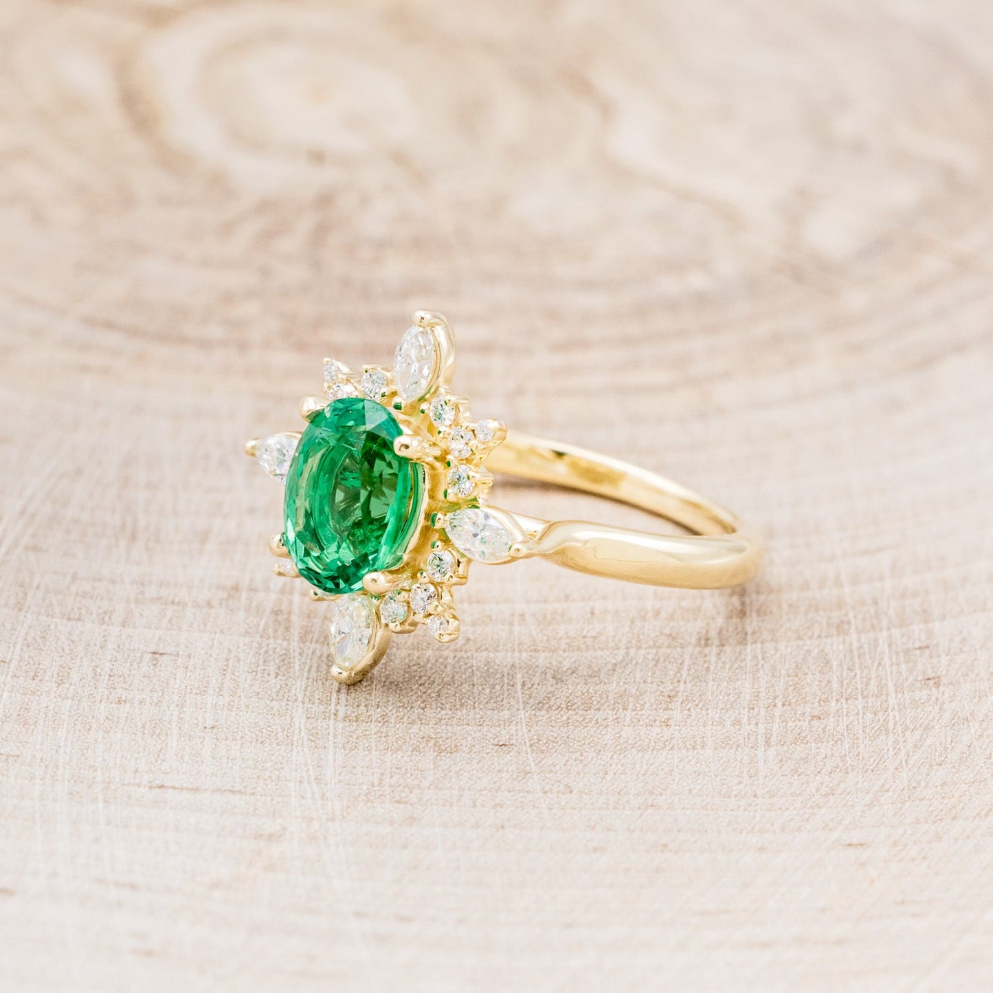 "Azalea" - Oval Lab-Grown Emerald Engagement Ring With Diamond Halo