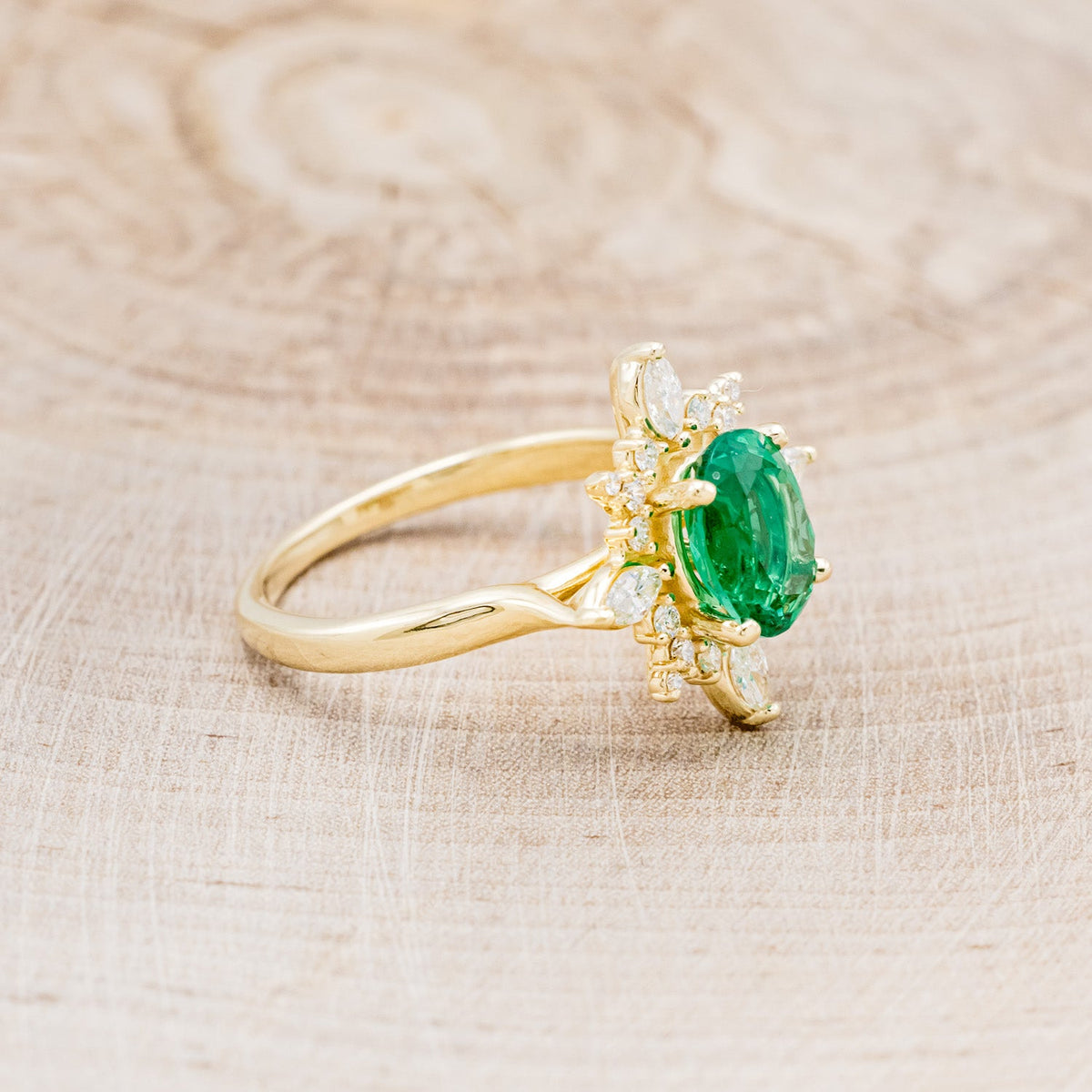 "Azalea" - Oval Lab-Grown Emerald Engagement Ring With Diamond Halo