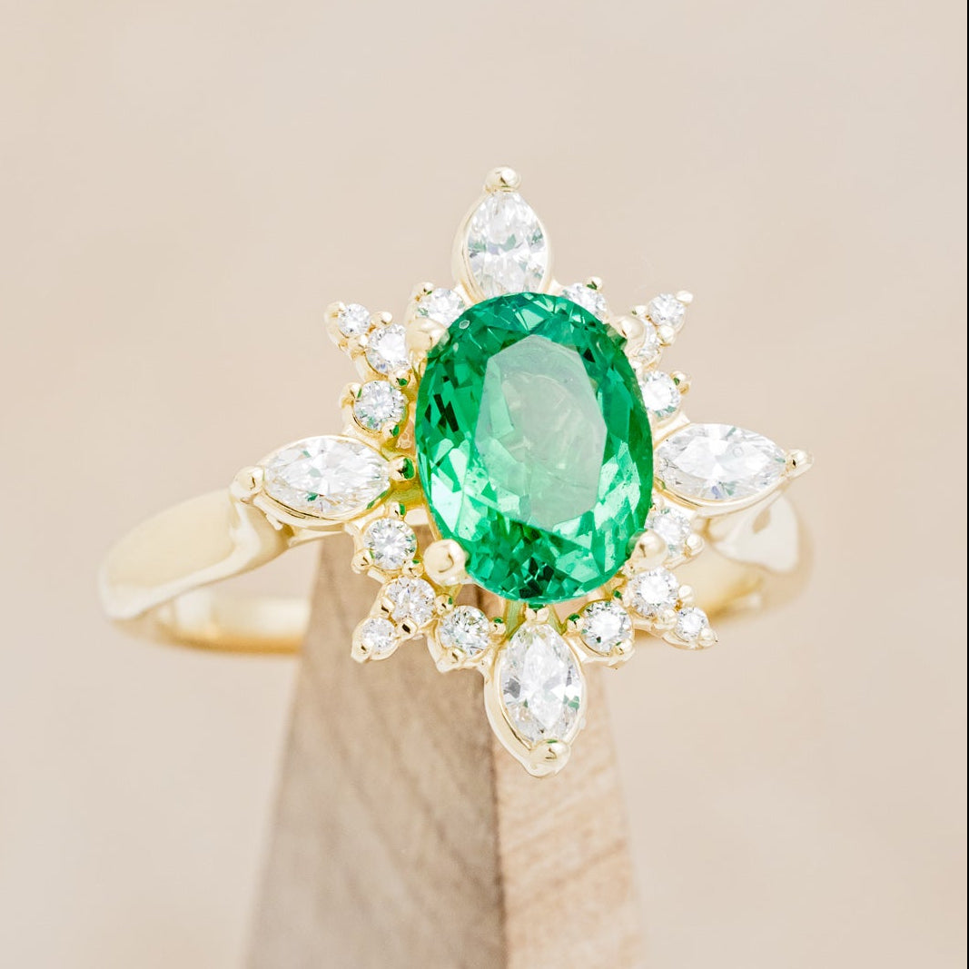 "Azalea" - Oval Lab-Grown Emerald Engagement Ring With Diamond Halo