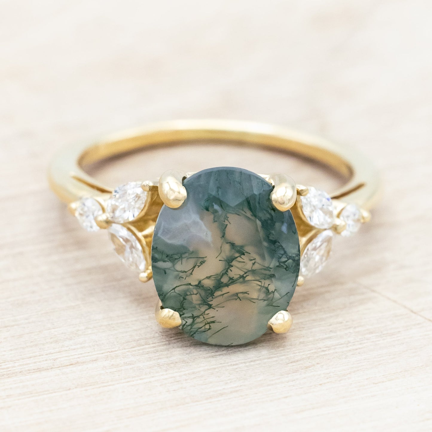 "Blossom" - Oval Cut Moss Agate Engagement Ring With Diamond Accents