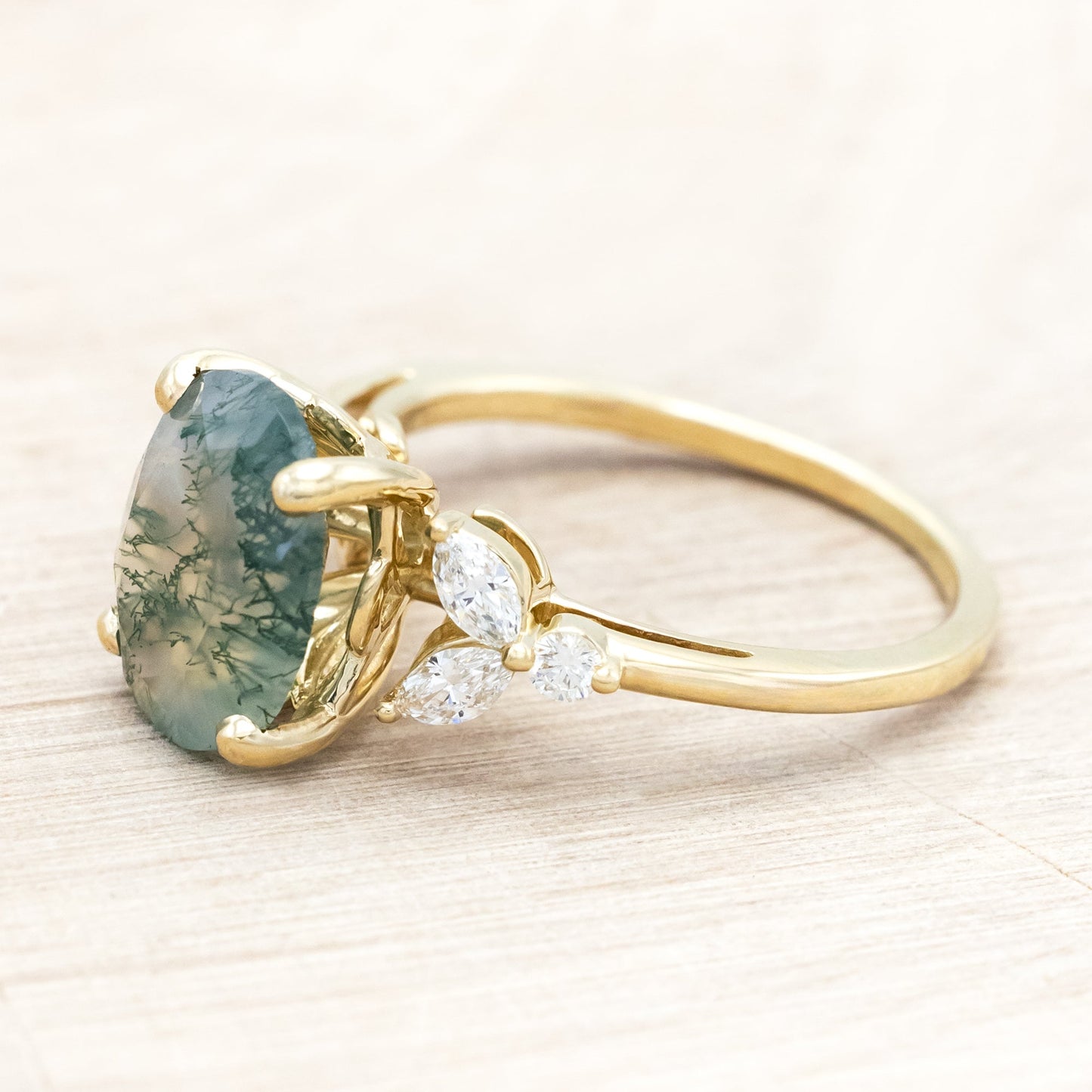 "Blossom" - Oval Cut Moss Agate Engagement Ring With Diamond Accents