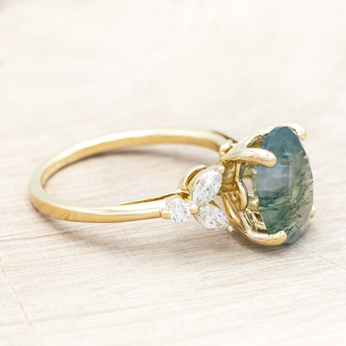 "Blossom" - Oval Cut Moss Agate Engagement Ring With Diamond Accents