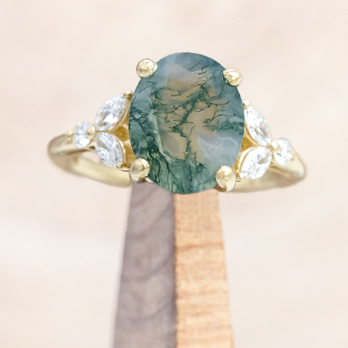 "Blossom" - Oval Cut Moss Agate Engagement Ring With Diamond Accents