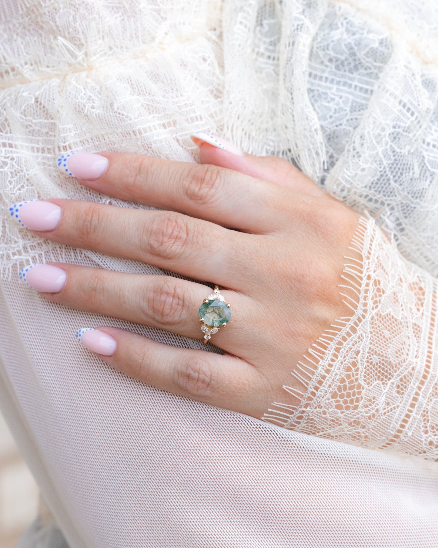 "Blossom" - Oval Cut Moss Agate Engagement Ring With Diamond Accents