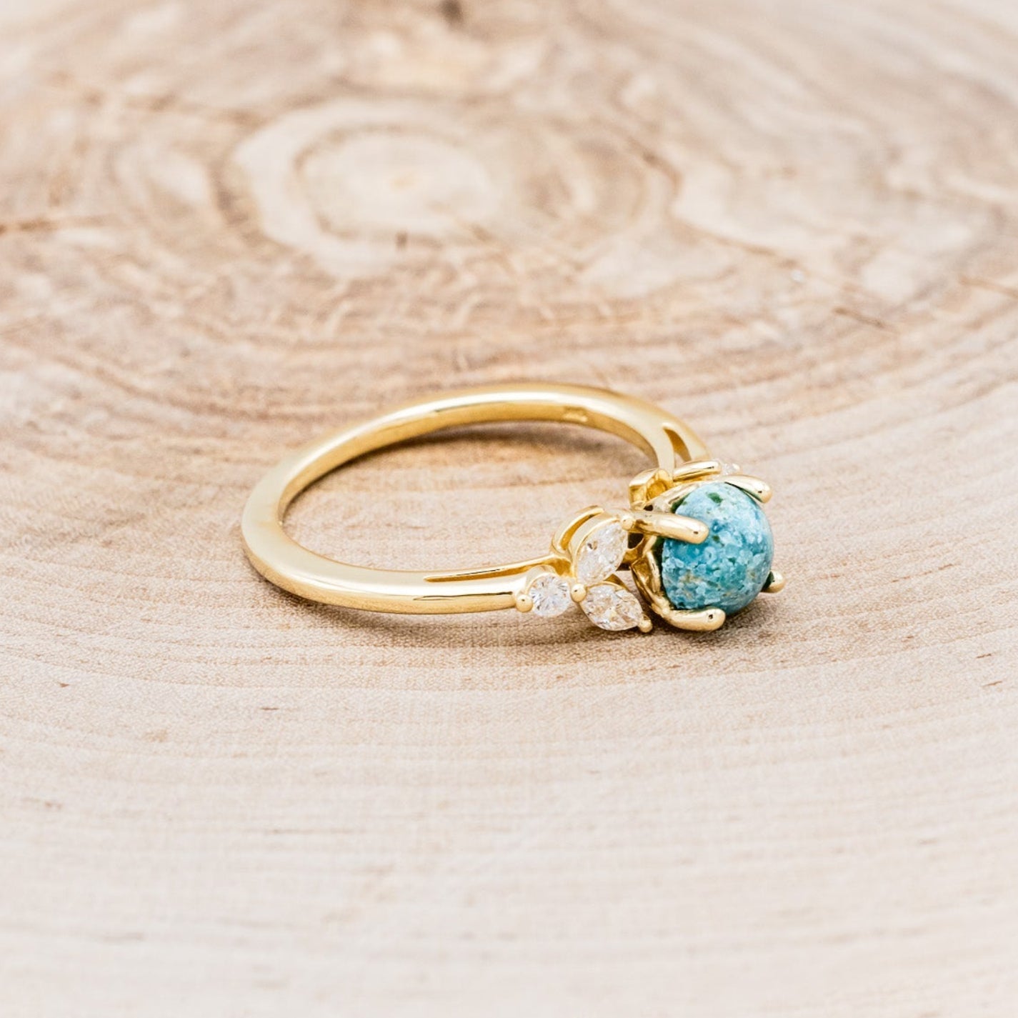 "Blossom" - Cabochon Cut Turquoise Engagement Ring With Diamond Accents