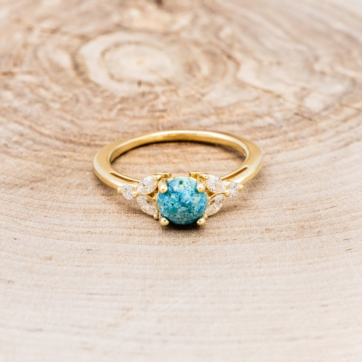 "Blossom" - Cabochon Cut Turquoise Engagement Ring With Diamond Accents